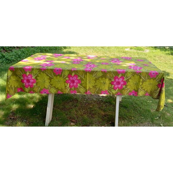 Vera Neumann Tablecloth Green Pink Floral Cotton 58" x 100" Mod MCM - Picture 1 of 8